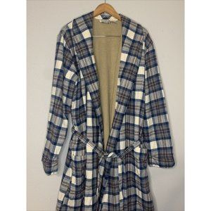 LL Bean Mens Plaid Flannel Robe Sherpa Lined Blue Size LT w/ Belt